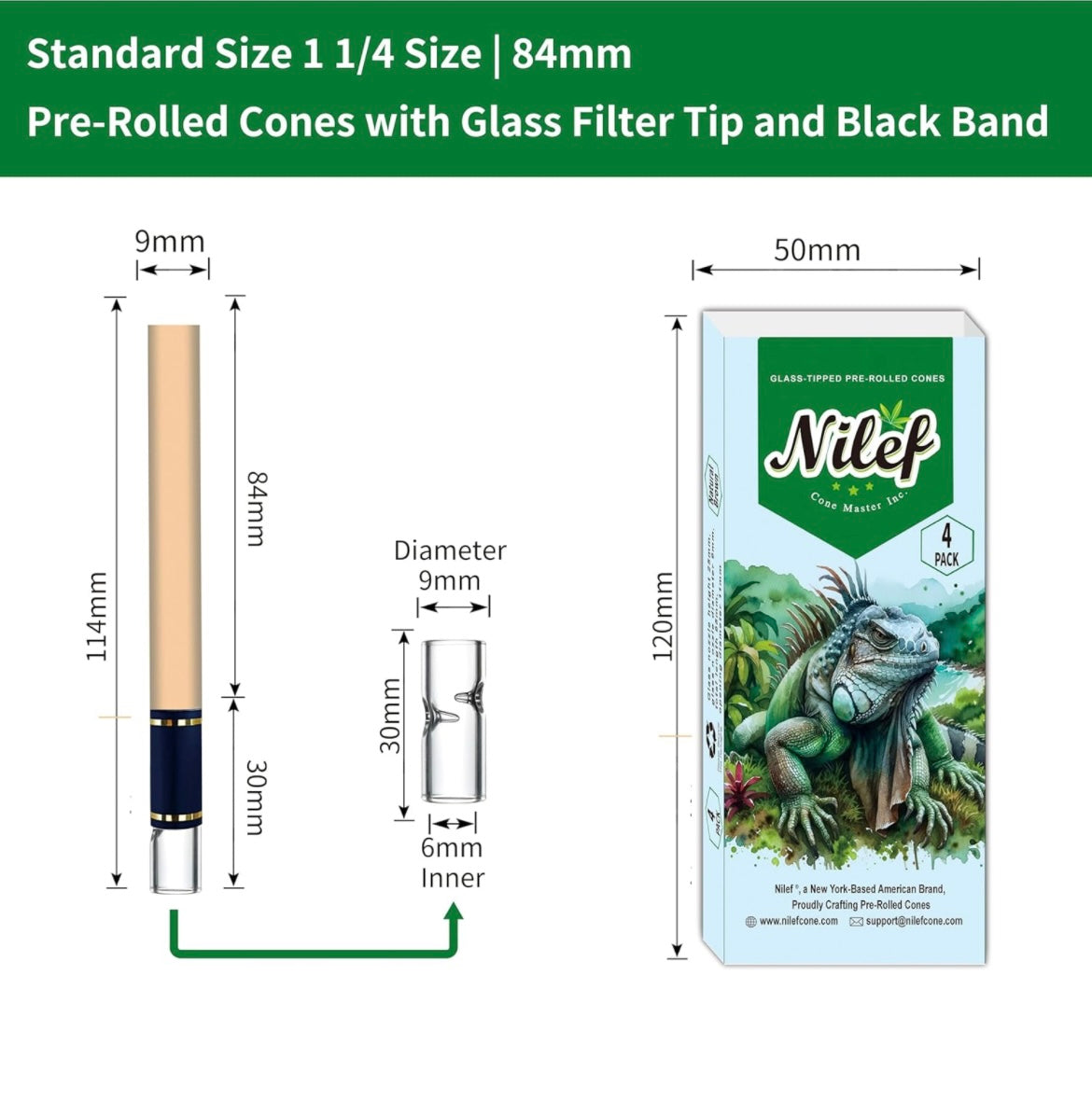 1 Box 4 pre rolls 1 1/4 Size Pre-Rolled Cones with Glass Filter Tips and Black Band | Nature, 84mm