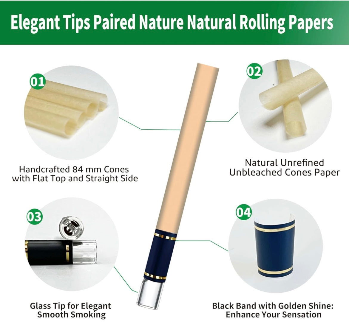 1 Box 4 pre rolls 1 1/4 Size Pre-Rolled Cones with Glass Filter Tips and Black Band | Nature, 84mm